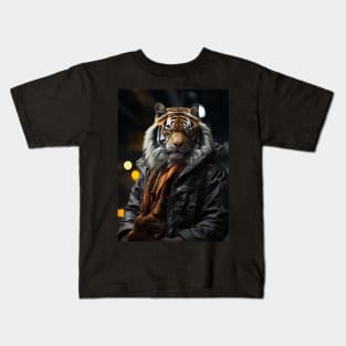 Angry Tiger in Jacket waiting in subway Kids T-Shirt
